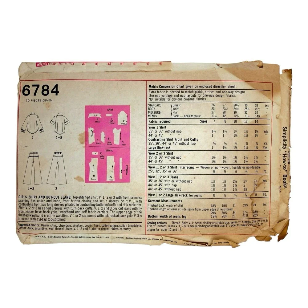 VTG 1974 Simplicity Sewing Pattern Girls Shirt & Boy-Cut Jeans Size 10 #6784